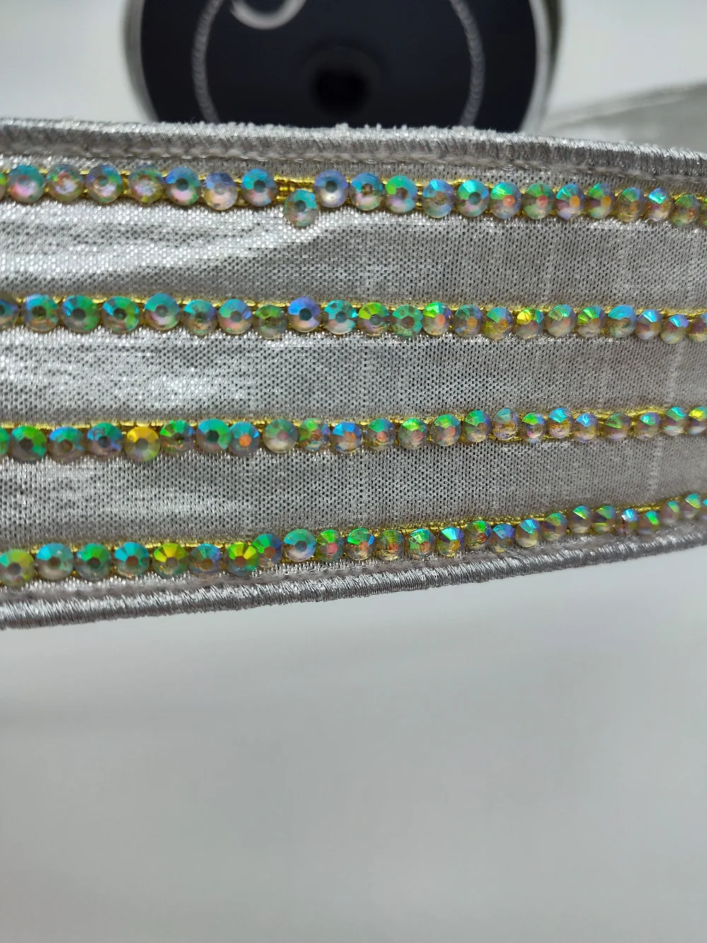 FARRISILK Iridescent Crystal Stripe Silver Wired Ribbon 1.75
